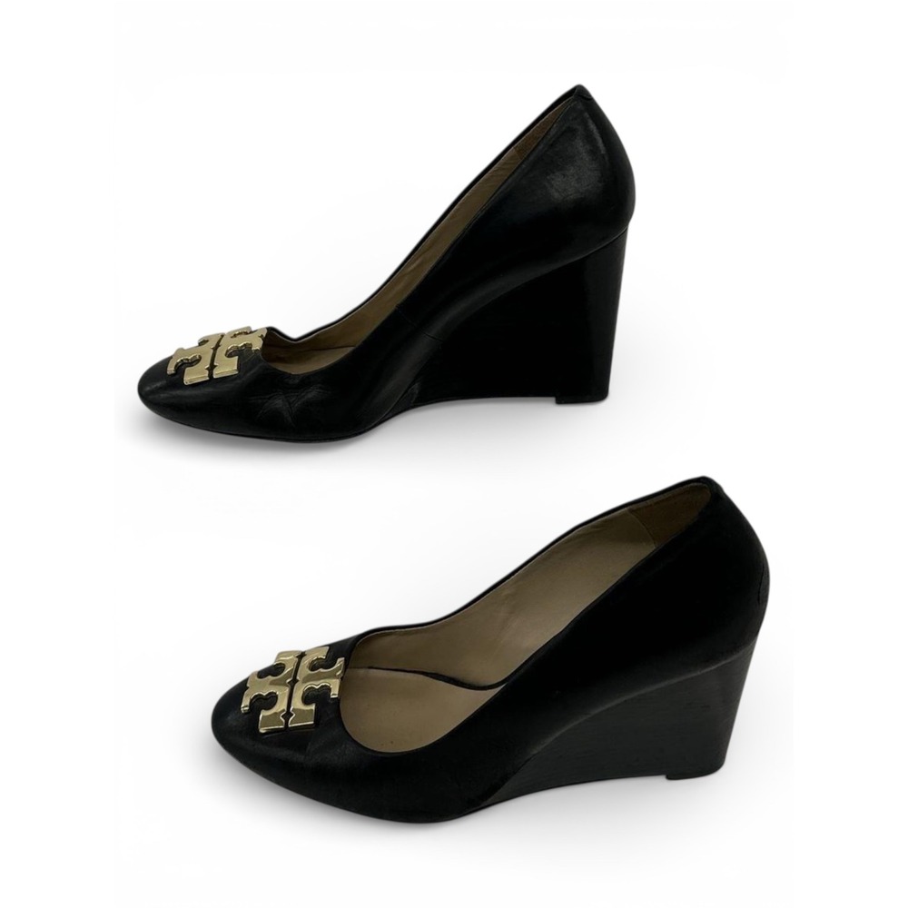 Tory Burch Wedge Pumps Women 6.5 Black Good Leather Gold Logo Medallion Sally